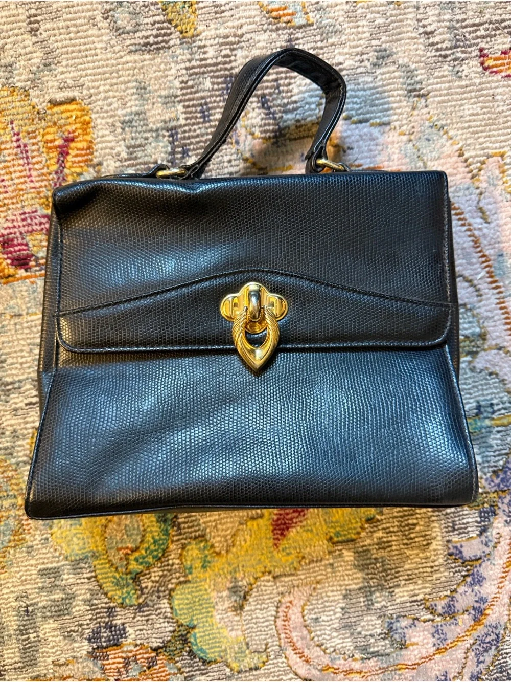 Vintage Evan Picone Black Top-Handle Women's Leather Satchel with Gold Hardware
